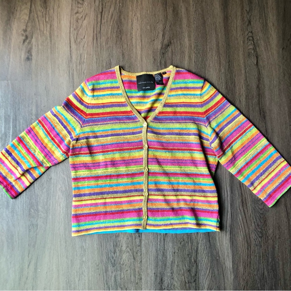 VTG Michael Simon Rainbow Knit Cardigan Women’s M Sparkly Dopamine Teachercore